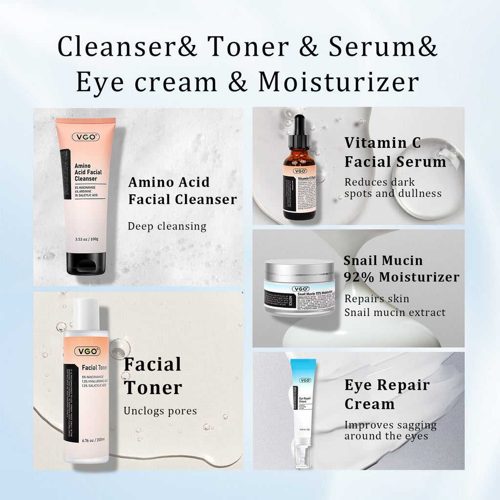 VGO skincare product lineup including cleanser, toner, serum, moisturizer, and eye cream on a light blue background.