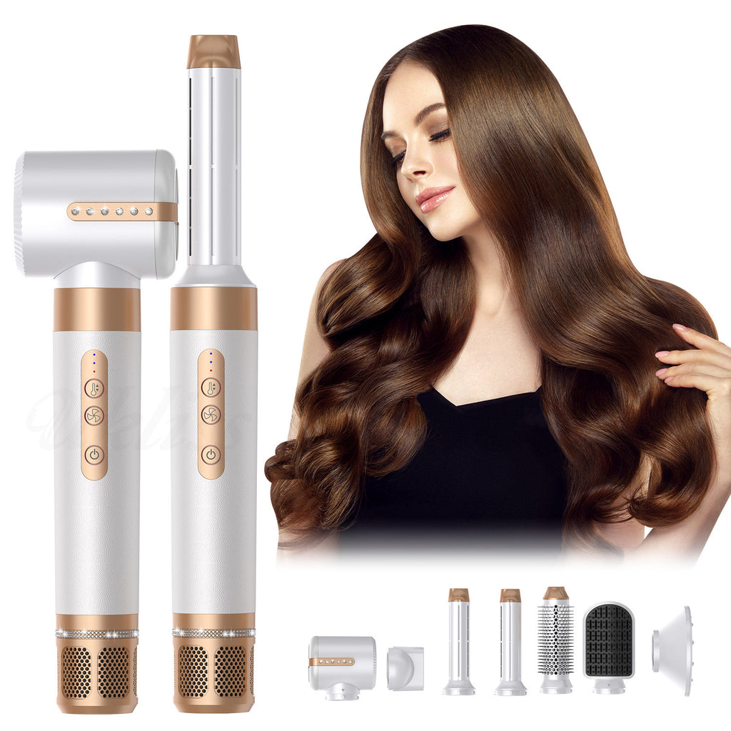 Hair styling tool with attachments and a model with styled hair on a white background