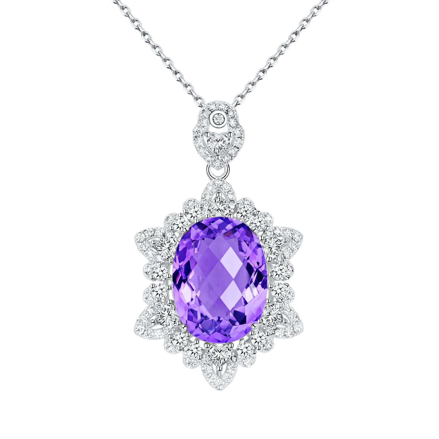 Purple gemstone pendant with diamond accents on a white background