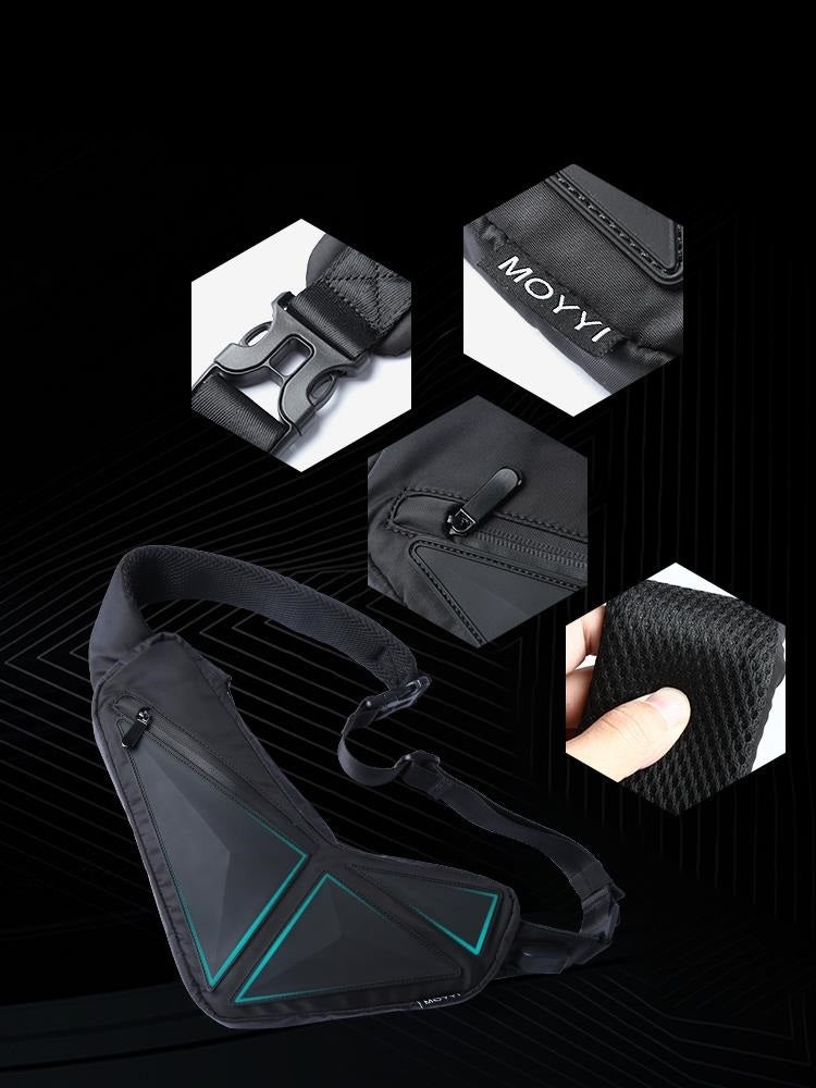 Black waist bag with green accents and MOYYI branding on a black background