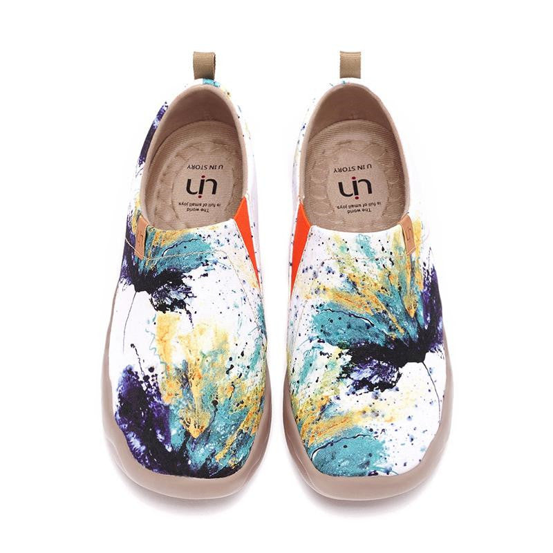Colorful abstract-patterned shoes on a white background