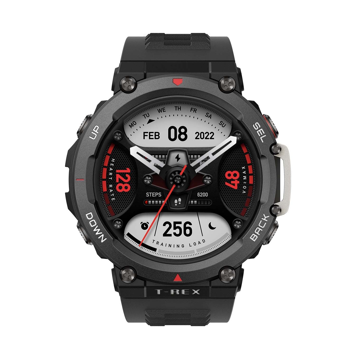 Black smartwatch with digital display on a white background